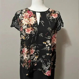 Shein Shirt Sleeve Floral Print  Crochet Lace Sleeve Blouse